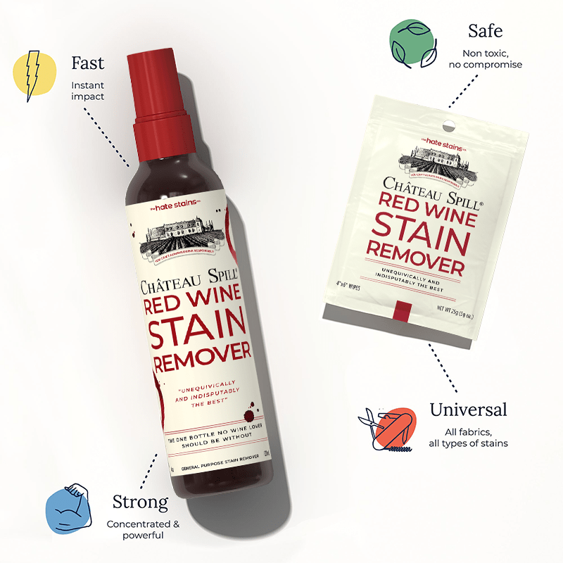 Chateau Spill Red Wine Stain Remover (1 Bottle + 10 Wipes Kit) - The Hate  Stains Co.